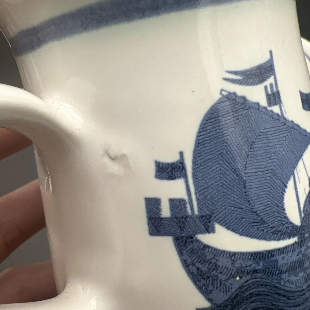 Vtg Iden Pottery RYE Mug SHIP Blue Cream Ceramic Sussex England Viking Sailing - Picture 11 of 12